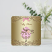 Invitation Baby shower fille dentelle rose et or (Debout devant)