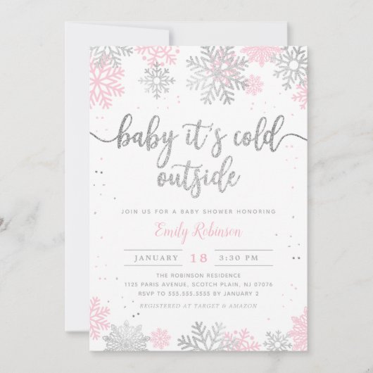 Invitation Baby shower Fille D'Hiver Rose Et Argent (Devant)