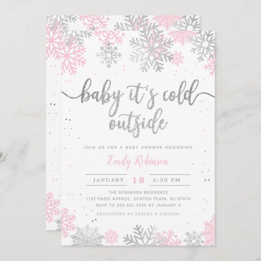 Invitation Baby shower Fille D'Hiver Rose Et Argent (Devant / Derrière)