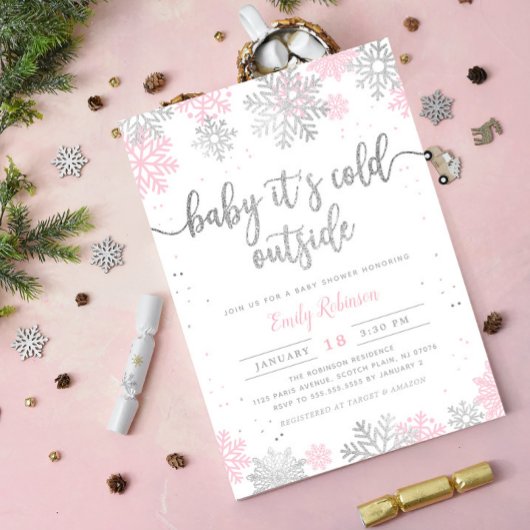 Invitation Baby shower Fille D'Hiver Rose Et Argent