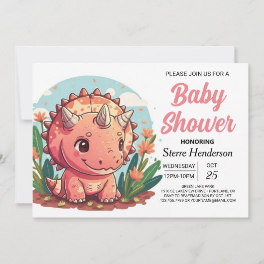 Invitation Baby shower fille Dinosaur rose mignon (Devant)