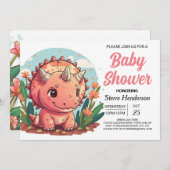 Invitation Baby shower fille Dinosaur rose mignon (Devant / Derrière)