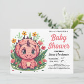 Invitation Baby shower fille dinosaure rose fille (Debout devant)
