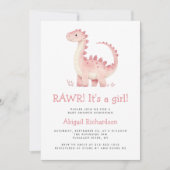 Invitation Baby shower fille Dinosaure rose mignon (Devant)