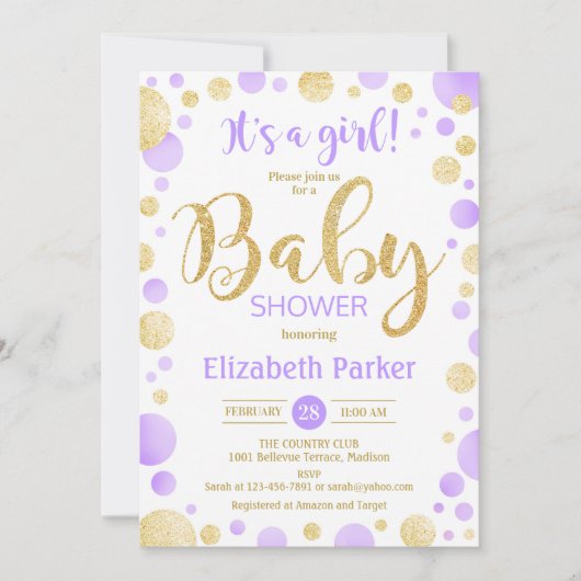 Invitation Baby shower fille - Dots d'or violet (Devant)