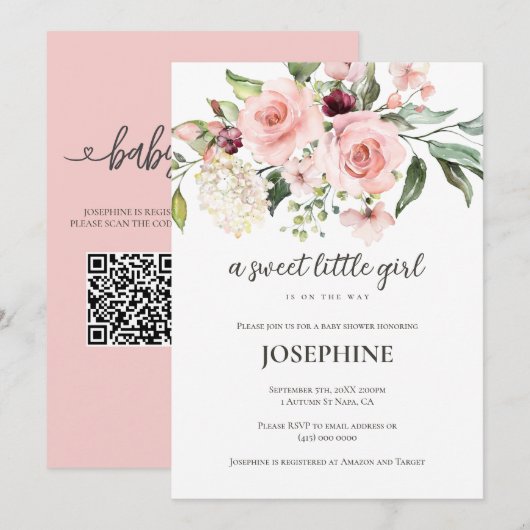Invitation Baby shower Fille Douce Fleur Rose (Devant / Derrière)