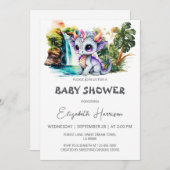 Invitation Baby shower fille dragon mignonne d'aquarelle (Devant / Derrière)