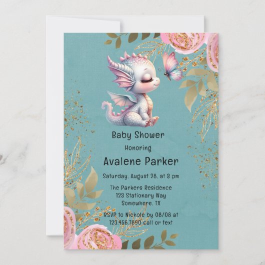 Invitation Baby shower fille dragon mignonne et papillon (Devant)