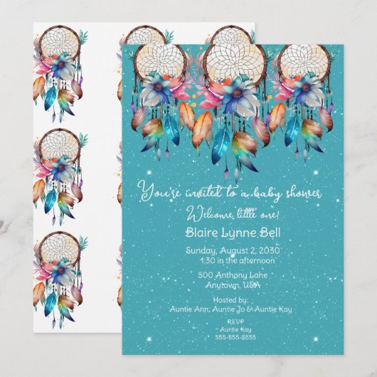 Invitation Baby shower fille Dreamcatcher Turquoise et Rose (Devant / Derrière)