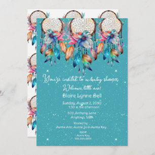 Invitation Baby shower fille Dreamcatcher Turquoise et Rose