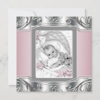 Invitation Baby Shower Fille Élégant Argent et Rose