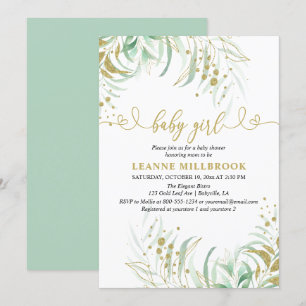 Invitation Baby Shower Fille Elégante Verdure Verte et Dorée