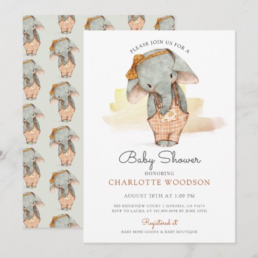 Invitation Baby shower fille Eléphant à l'aquarelle mignonne (Devant / Derrière)