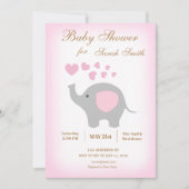 Invitation Baby shower fille Elephant Coeurs roses (Devant)