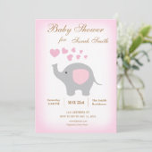 Invitation Baby shower fille Elephant Coeurs roses (Debout devant)