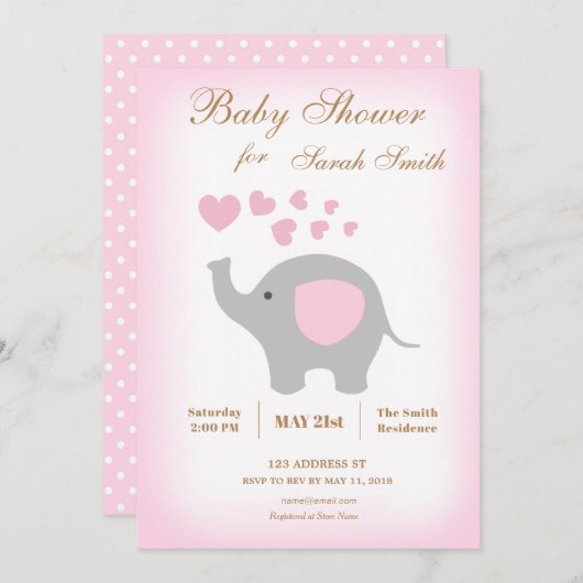 Invitation Baby shower fille Elephant Coeurs roses (Devant / Derrière)