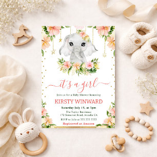 Invitation Baby-Shower Fille Éléphant Floral Aquarelle
