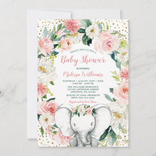 Invitation Baby Shower Fille Éléphant Floral Or Rose
