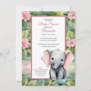 Invitation Baby shower fille Eléphant mignon