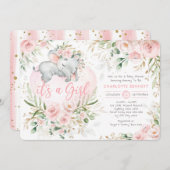Invitation Baby shower Fille Eléphant rose Blush Or Fleurs (Devant / Derrière)