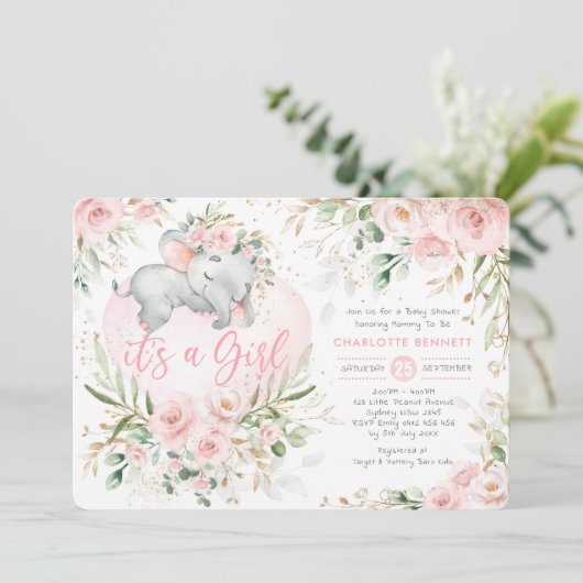Invitation Baby shower Fille Eléphant rose Blush Or Fleurs (Debout devant)