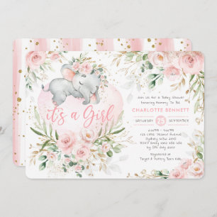 Invitation Baby shower Fille Eléphant rose Blush Or Fleurs