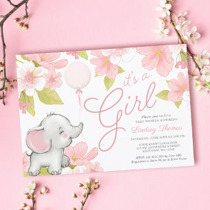 Invitation Baby shower Fille Eléphant Rose Cute