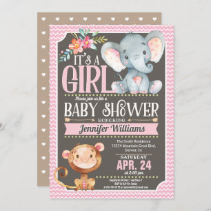 Invitation Baby shower Fille Eléphant & Singe