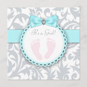 Invitation Baby Shower Fille Empreinte Bleu Sarcelle et Gris