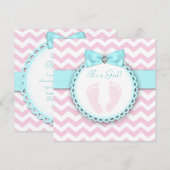 Invitation Baby Shower Fille Empreinte Rose et Bleu Turquoise (Devant / Derrière)