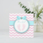 Invitation Baby Shower Fille Empreinte Rose et Bleu Turquoise (Debout devant)