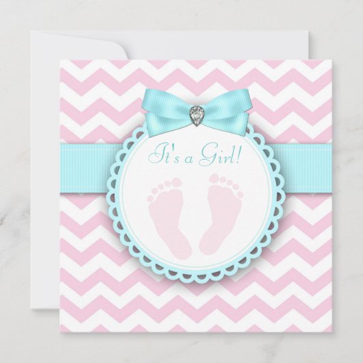 Invitation Baby Shower Fille Empreinte Rose et Bleu Turquoise (Devant)