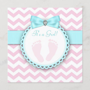 Invitation Baby Shower Fille Empreinte Rose et Bleu Turquoise