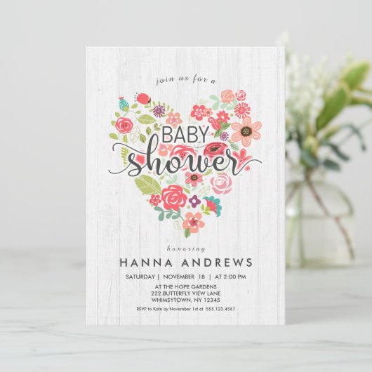 Invitation Baby shower fille en bois blanc et coeu (Debout devant)