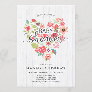 Invitation Baby shower fille en bois blanc et coeu