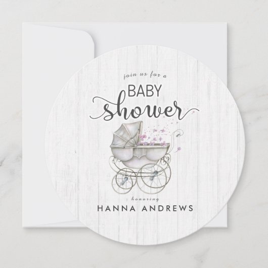 Invitation Baby shower fille en bois blanc et tran (Devant)