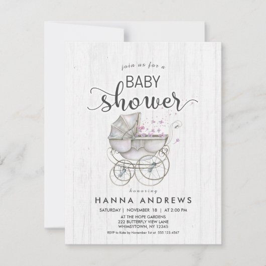 Invitation Baby shower fille en bois blanc et tran (Devant)