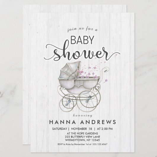 Invitation Baby shower fille en bois blanc et tran (Devant / Derrière)