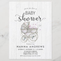 Invitation Baby shower fille en bois blanc et tran