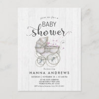 Invitation Baby shower fille en bois blanc et tran
