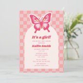 Invitation Baby shower fille en carton rose papillon (Debout devant)