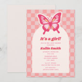 Invitation Baby shower fille en carton rose papillon (Devant / Derrière)