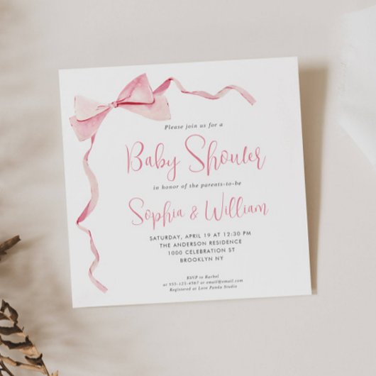 Invitation Baby shower fille en ruban rose pâle Aquarelle Bow