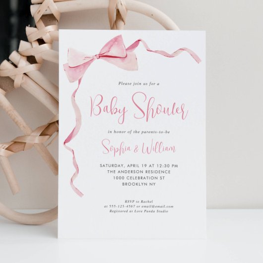 Invitation Baby shower fille en ruban rose pâle Aquarelle Bow