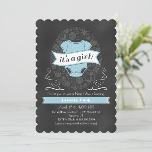 Invitation Baby shower fille en tableau bleu clair (Debout devant)