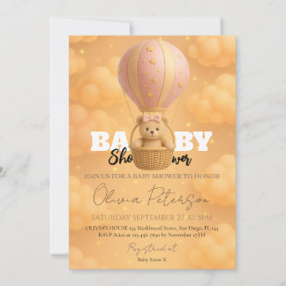 Invitation Baby shower Fille en Teddy rose Ours à air chaud