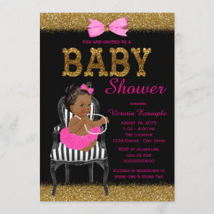 Invitation Baby Shower Fille Ethnique Rose Chaud Noir et Or