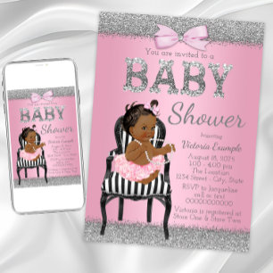 Invitation Baby Shower Fille Ethnique Rose et Gris Argenté