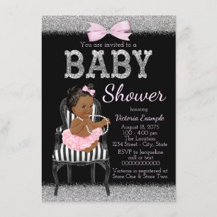 Invitation Baby Shower Fille Ethnique Rose Noir et Argent
