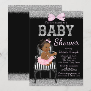 Invitation Baby Shower Fille Ethnique Rose Noir et Argent